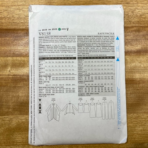 🪡 VOGUE Easy Options Misses’ Jacket, Top, Dress and Pants Sewing Pattern V8138 - Picture 6 of 7